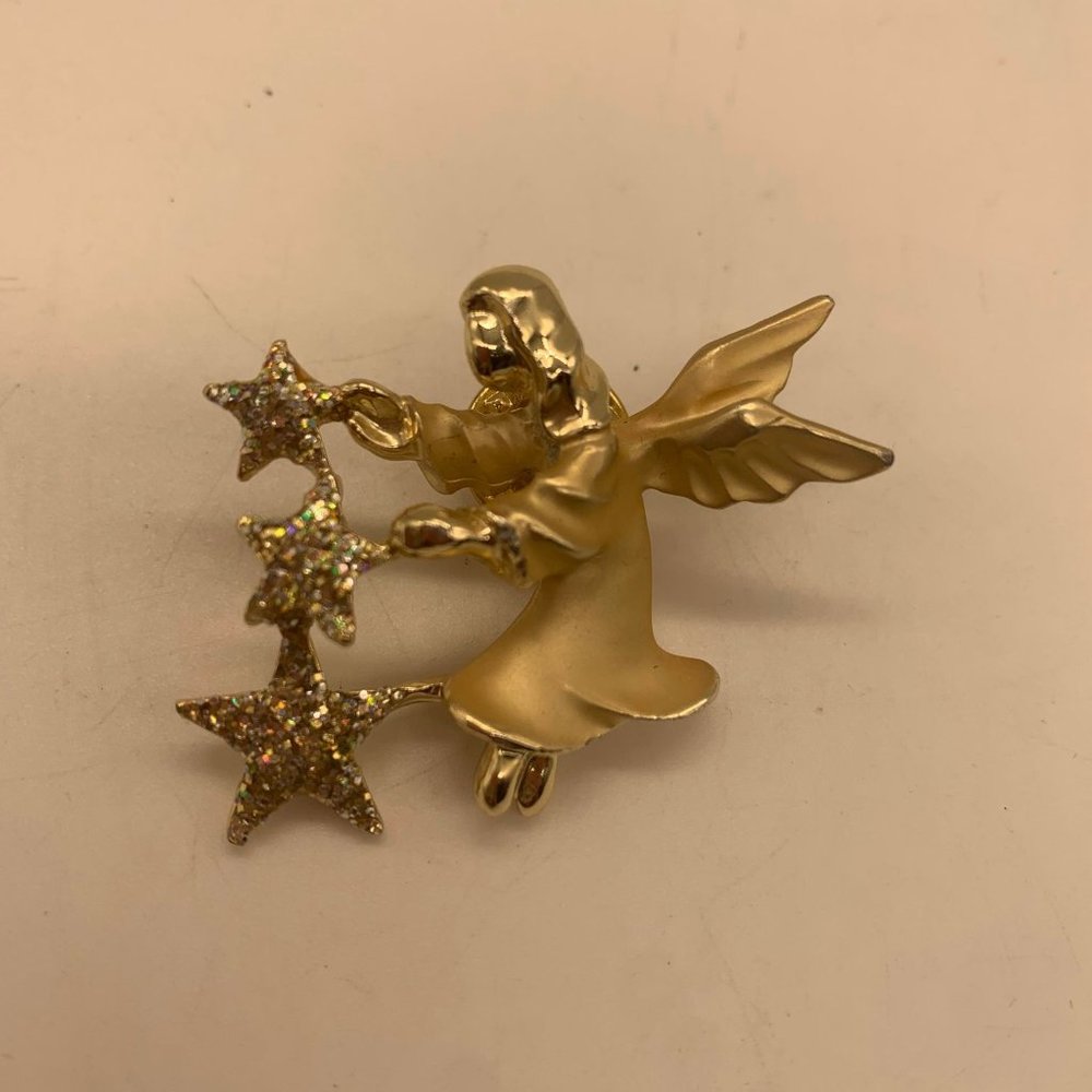 Vintage EUC Giusti Gigio Angel & Stars Glitter Gold Tone Brooch